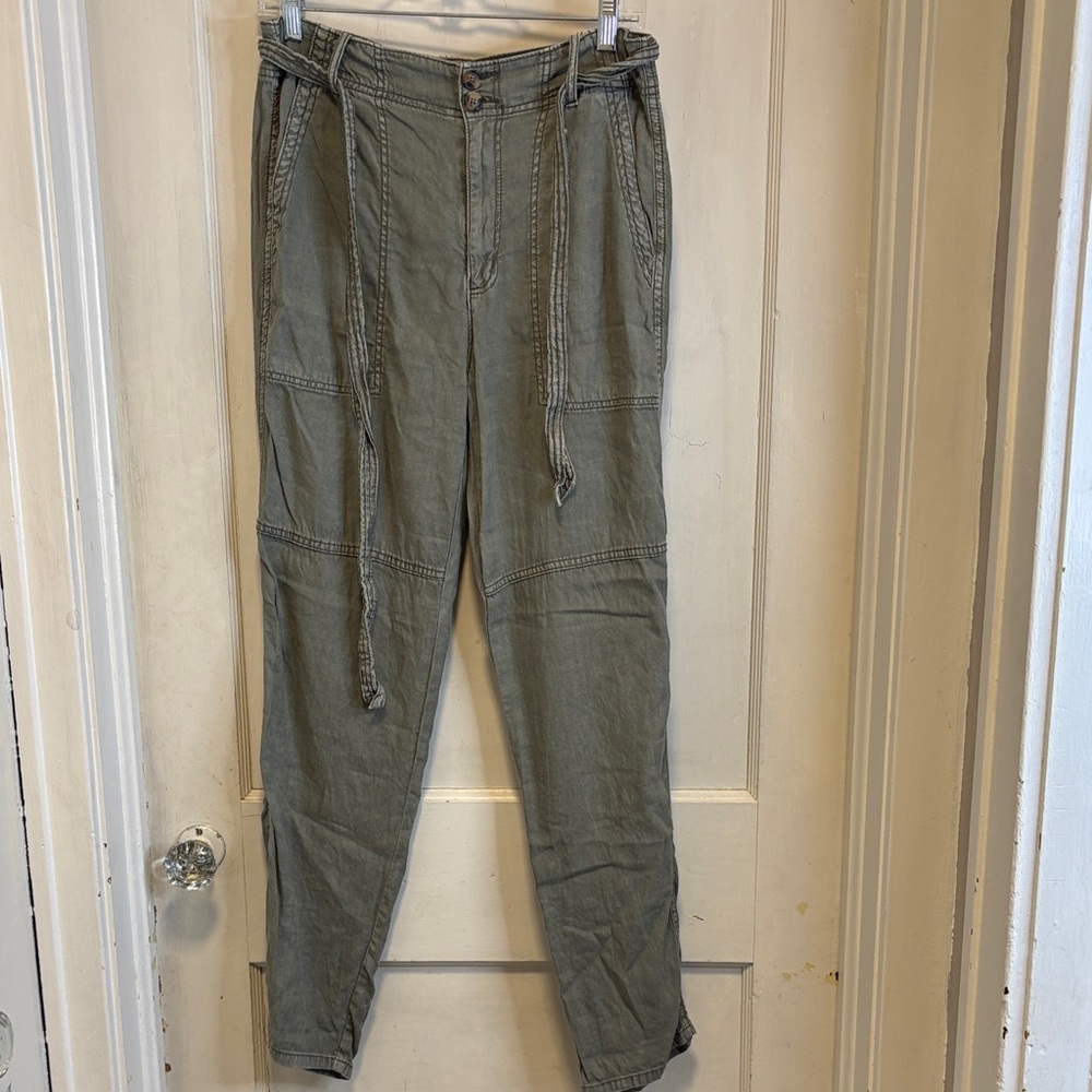 American Eagle Olive Pale Green Linen Blend Belted High Rise Pants 6